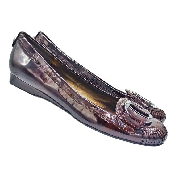 Stuart Weitzman Burgundy Patent Ballet Flats | Silver Buckle | Fall Office Chic - Picture 3 of 14